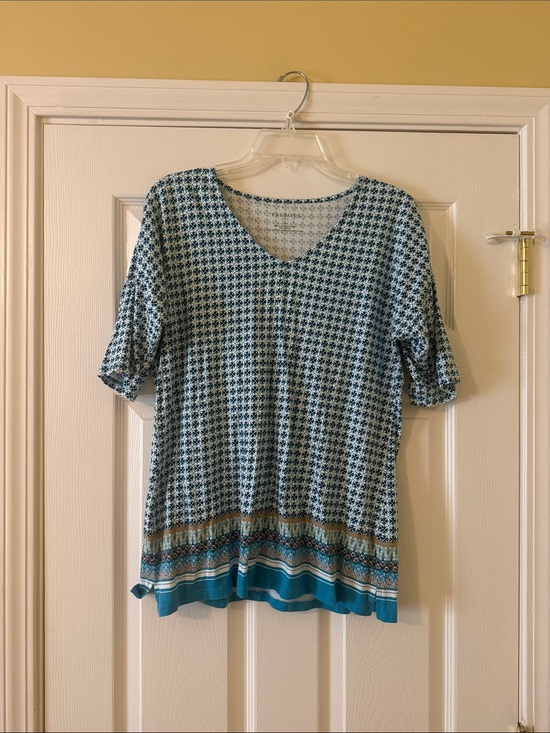 Talbots Tops - Talbots Teal Patterned V-Neck Tunic Top with Border Hem
